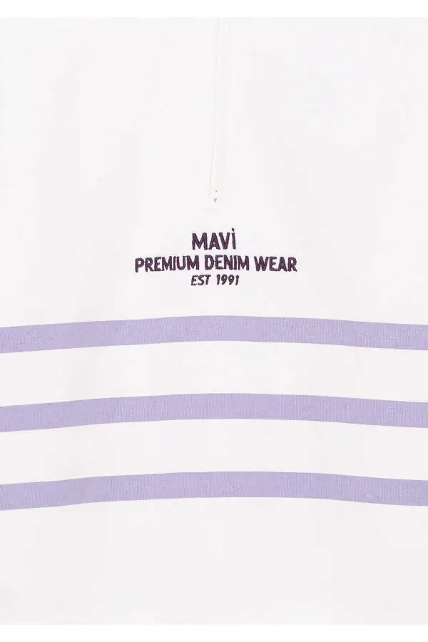 Yarim fermuarlı chiziqli oq sweatshirt - 3