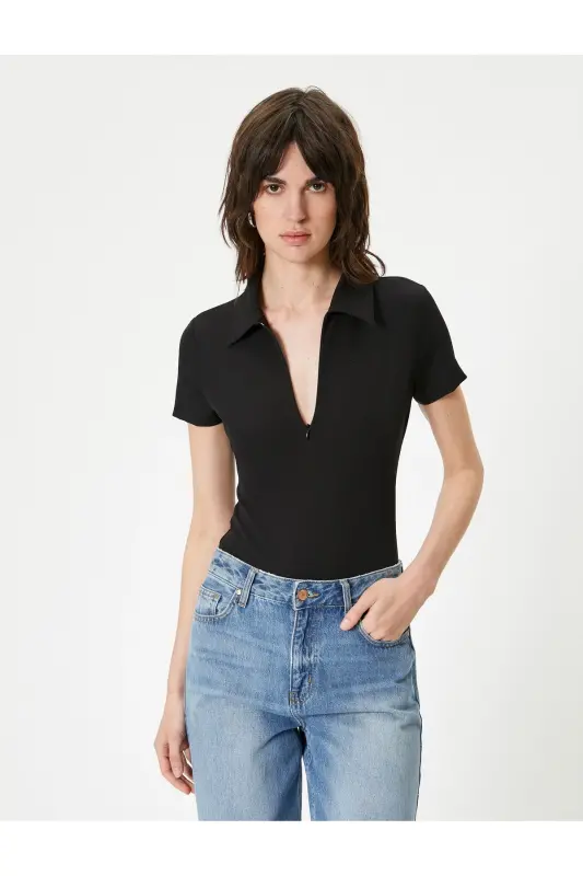 Yarim fermuarli polo yoqali bodisuit qisqa yengli slim - 3