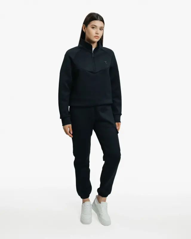 Yarım fermuarlı sweatshirt ve kargo pantolon takımı - SİYAH - 1