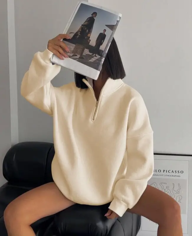 Yarım Fermuarlı Üç İplik Sweatshirt - Bej - BÜYÜKBEDENIZ