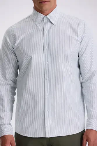 Yashil %100 Paxta Tugmali Yoqali Comfort Fit Ko'ylak - 3