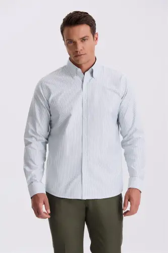 Yashil %100 Paxta Tugmali Yoqali Comfort Fit Ko'ylak - 1