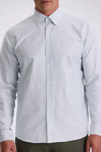 Yashil %100 Paxta Tugmali Yoqali Comfort Fit Ko'ylak - 3