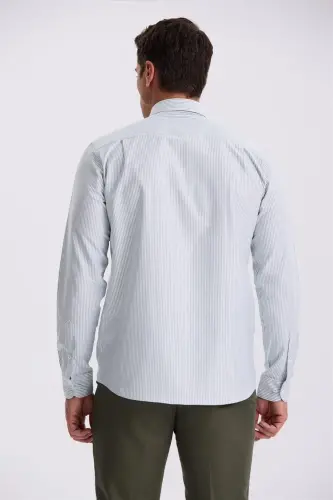 Yashil %100 Paxta Tugmali Yoqali Comfort Fit Ko'ylak - 4