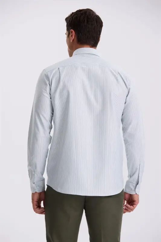 Yashil %100 Paxta Tugmali Yoqali Comfort Fit Ko'ylak - 4