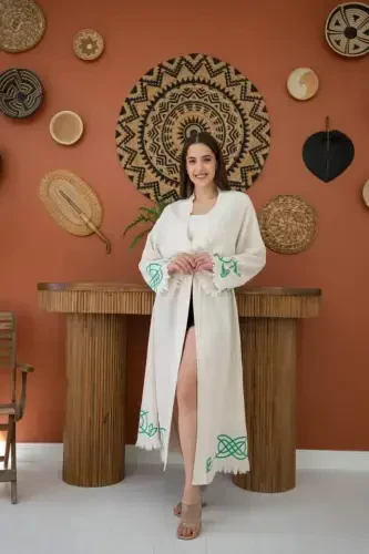 Yashil bosma detal keten kardigan - 1