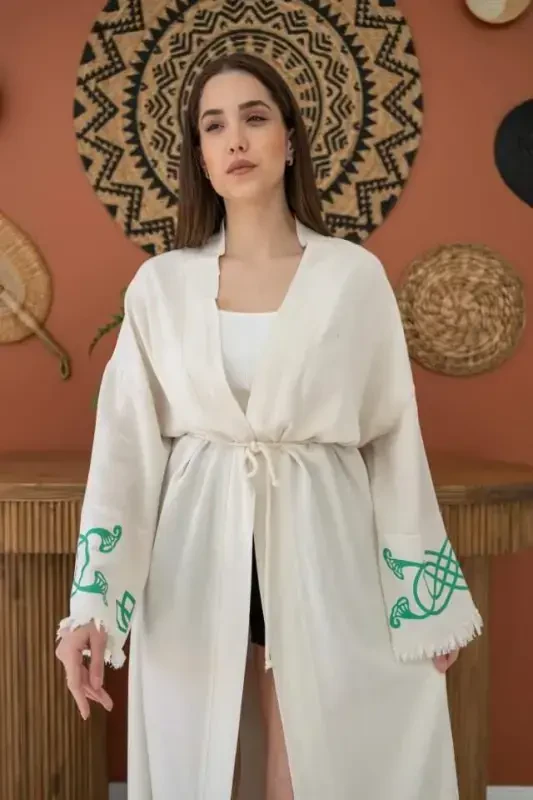 Yashil bosma detal keten kardigan - 3