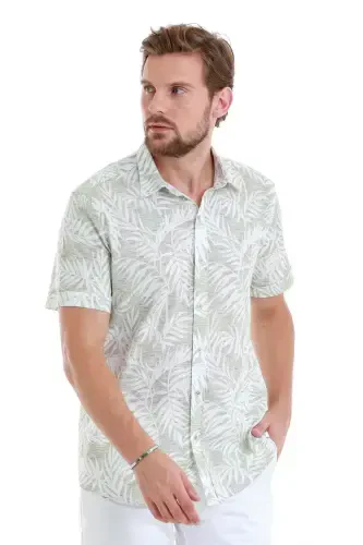 Yashil Comfort Fit Bosmali 100% Paxta Slim Yoqali Qisqa Yengli Ko'ylak-Yashil - 3