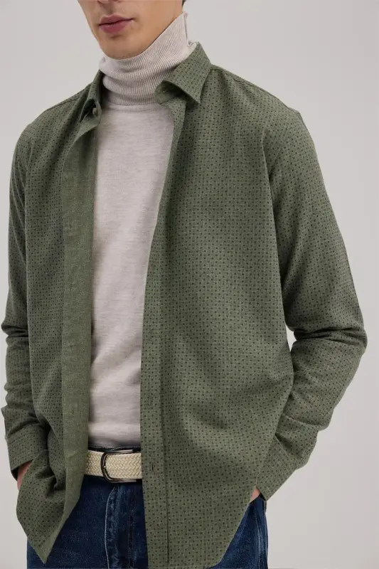 Yashil Comfort Fit naqshli paxta tugmali yoqali ko'ylak - 3