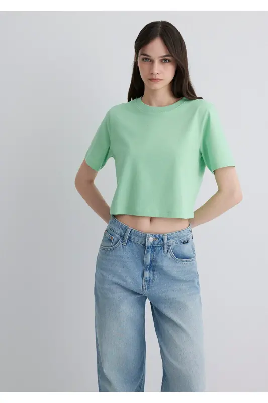 Yashil Crop Basic Futbolka Crop / Qisqa Kesim 1613072- - 3