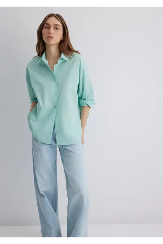 Yashil poplin ko'ylak oversize / keng kesim 1210103 - MAVI