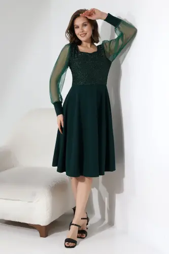 YASHIL Simli Yumaloq Yaka Ko'ylak F119-YASHIL - FASMIA (1)