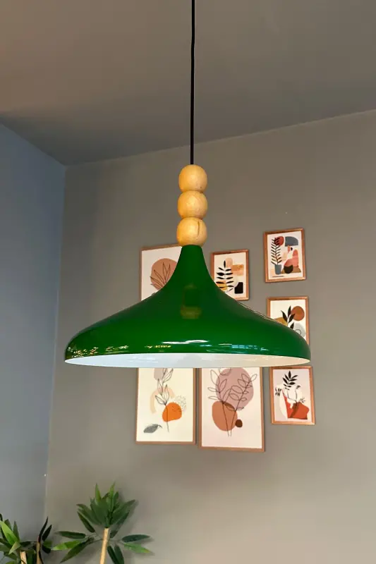 Yashil yog'och munchoqli bitta lyustrali osma yoritgich zal oshxona butik chiroq yoritgichi-Yashil - 2