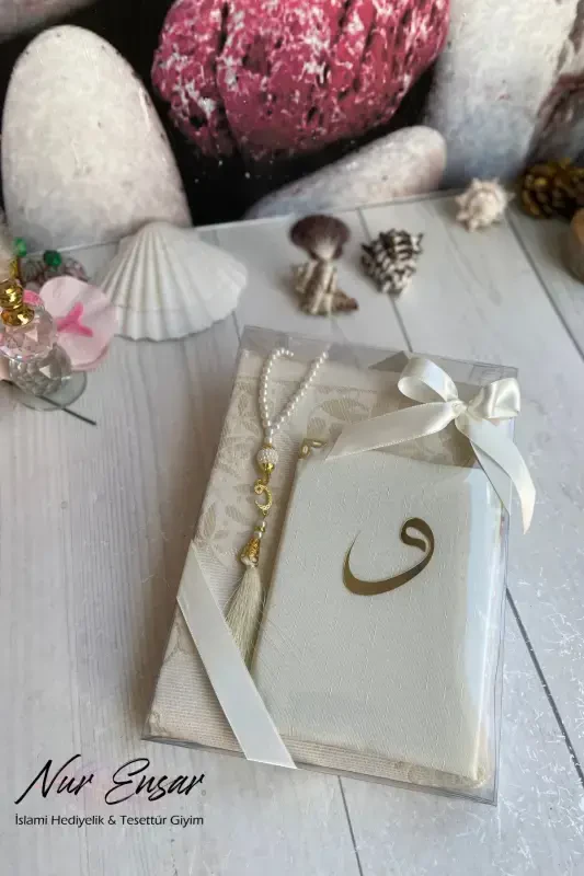 Yasin Book, Prayer Rug, Rosary, Dowry, Hajj and Umrah Gift Set-Cream - 1