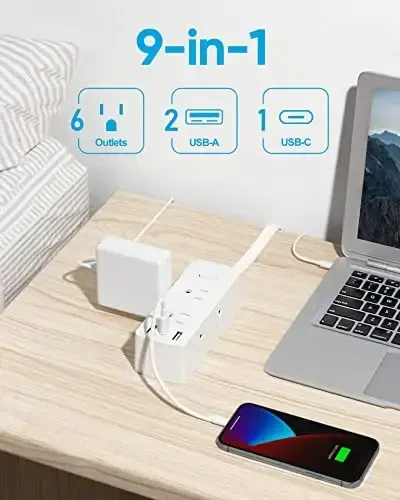 Yassi uzatma kabeli 10 fut, Olcorife yassi vilka quvvat chizig'i 6 rozetka 3 USB porti (1 USB C), uy ofisi yotoqxona xonasi uchun 3 tomonlama rozetka kengaytirgich surge himoyachisi, oq - Modazone (1)
