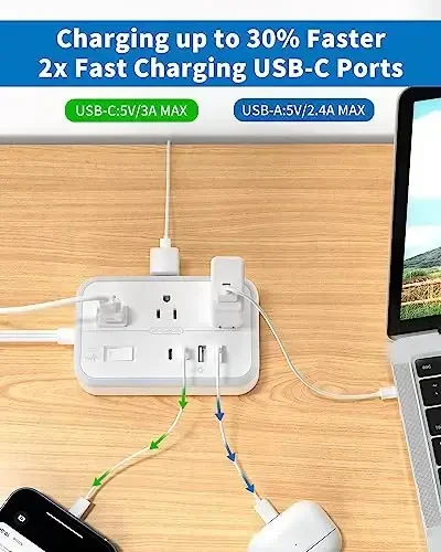 Yassi uzatma kabeli 25 fut, NTONPOWER kuchlanishdan himoya qilish moslamasi 6 rozetkali 4 USB portli (2 USB C), yassi vilka, bir nechta rozetka, o'rnatilgan, rozetka kengaytirgichi, ichki, uy, ofis uchun ortiqcha yukdan himoya - 3