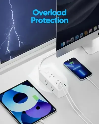Yassi uzatma kabeli 25 fut, Olcorife yassi vilkali tok uzatgichi 6 rozetka 3 USB porti (1 USB C), uy ofis yotoqxona uchun 3 tomonli rozetka kengaytirgich surge himoyachisi, oq - 5
