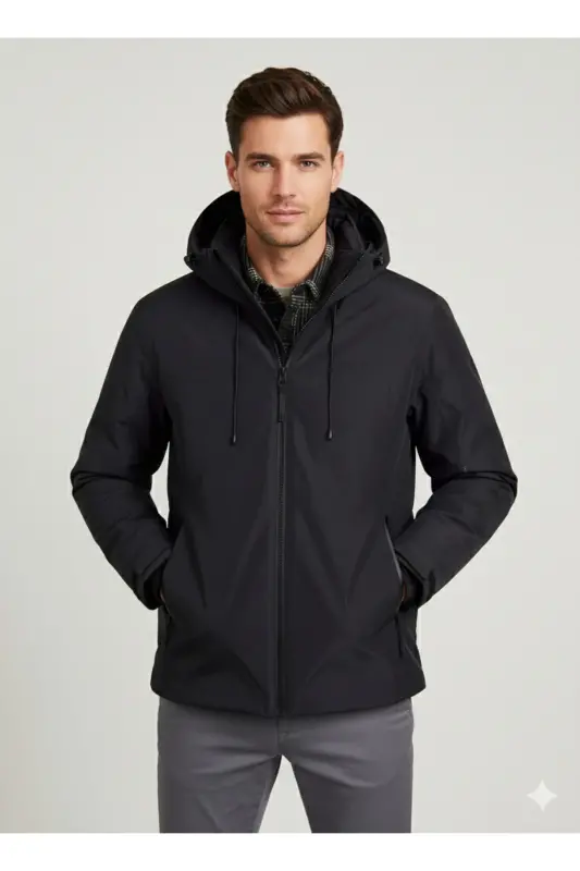 Padded Shell Jacket Su Soğuk Geçirmez Siyah Erkek Mont - Black Padded - 8