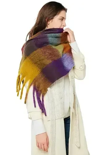 Yatemiole Women's CasModazoneere Big Coloured Checked Scarf Winter Warm Wrap Scarf - 9