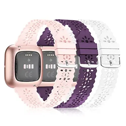 YAXIN 3 шт. Тонких спортивных браслетов, совместимых с Fitbit Versa/Fitbit Versa 2/Fitbit Versa Lite, для женщин, мягкий силиконовый кружевной ремешок для замены, для умных часов Fitbit Versa, черный/серый/сосново-зеленый - 1