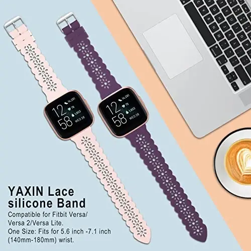 YAXIN 3 Pack Slim Sport Bands Compatible with Fitbit Versa/Fitbit Versa 2/Fitbit Versa Lite Band for Women,Soft Silicone Lace Replacement Wristbands for Fitbit Versa Smart Watch,Purple/White/Pink Sand - 4