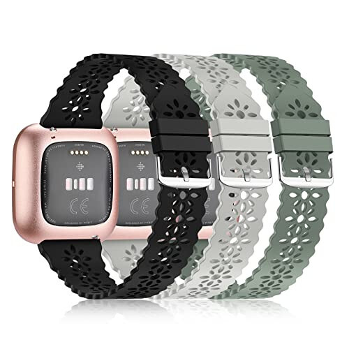 YAXIN 3'lü İnce Spor Bant Fitbit Versa/Fitbit Versa 2/Fitbit Versa Lite ile Uyumlu, Kadınlar İçin Yumuşak Silikon Dantel Değiştirme Bileklik, Fitbit Versa Akıllı Saat İçin Siyah/Gri/Çam Yeşili - 1