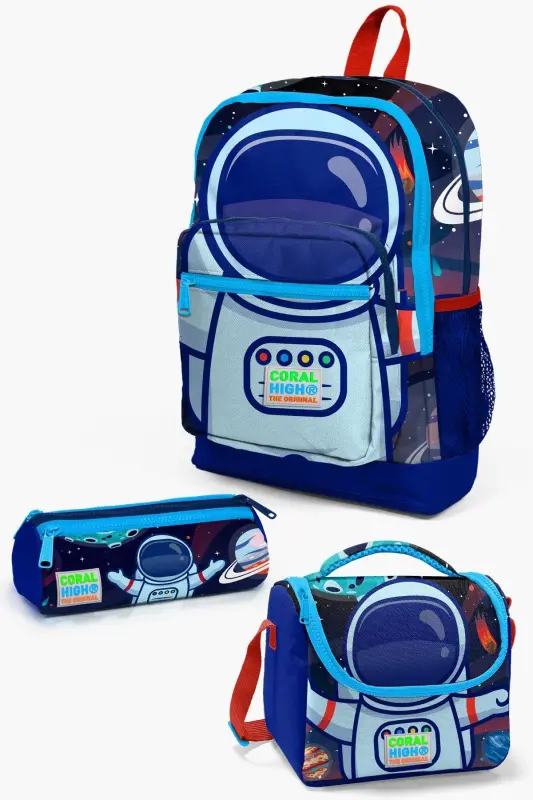 Yaygan Coral High Blue Astronaut Patterned 3-Piece School Bag Set-Blue - 1