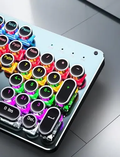 Typewriter Style Mechanical Gaming Keyboard Blue Switch, Rainbow LED Backlit Wired Computer Keyboards Mouse and Pad Combo, Metal Panel Retro Punk Round Keycaps, 104 Keys Anti-Ghost for PC Laptop Gamer - 5