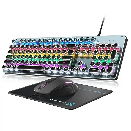 Typewriter Style Mechanical Gaming Keyboard Blue Switch, Rainbow LED Backlit Wired Computer Keyboards Mouse and Pad Combo, Metal Panel Retro Punk Round Keycaps, 104 Keys Anti-Ghost for PC Laptop Gamer - 12