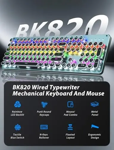 Typewriter Style Mechanical Gaming Keyboard Blue Switch, Rainbow LED Backlit Wired Computer Keyboards Mouse and Pad Combo, Metal Panel Retro Punk Round Keycaps, 104 Keys Anti-Ghost for PC Laptop Gamer 