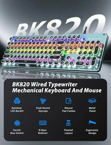 Typewriter Style Mechanical Gaming Keyboard Blue Switch, Rainbow LED Backlit Wired Computer Keyboards Mouse and Pad Combo, Metal Panel Retro Punk Round Keycaps, 104 Keys Anti-Ghost for PC Laptop Gamer - Taiahiro