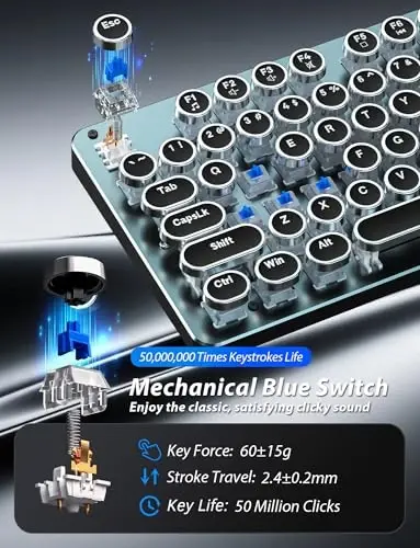 Typewriter Style Mechanical Gaming Keyboard Blue Switch, Rainbow LED Backlit Wired Computer Keyboards Mouse and Pad Combo, Metal Panel Retro Punk Round Keycaps, 104 Keys Anti-Ghost for PC Laptop Gamer - TAIAHIRO (1)