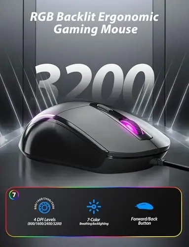 Typewriter Style Mechanical Gaming Keyboard Blue Switch, Rainbow LED Backlit Wired Computer Keyboards Mouse and Pad Combo, Metal Panel Retro Punk Round Keycaps, 104 Keys Anti-Ghost for PC Laptop Gamer - 4