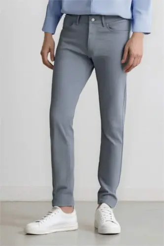 Yazlık Chino Kanvas Pantolon Slim Fit Dar Kesim Cepli Dar Paça-Açık İndigo - 1