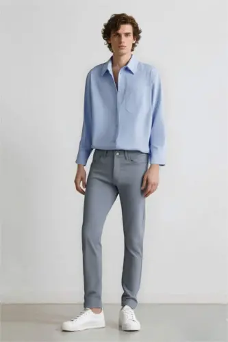 Yazlık Chino Kanvas Pantolon Slim Fit Dar Kesim Cepli Dar Paça-Açık İndigo - DEFACTO (1)