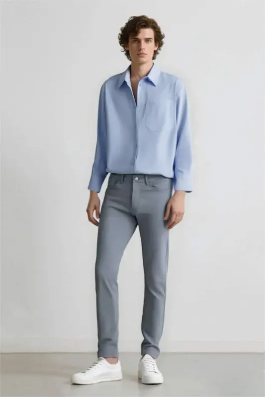 Yazlık Chino Kanvas Pantolon Slim Fit Dar Kesim Cepli Dar Paça-Açık İndigo - 2
