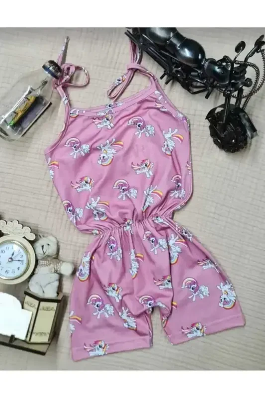 Yazlık Dijital baskılı askılı kız cocuk tulum elbıse-gülkurusu - 1