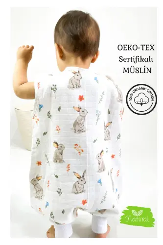 Yazlık Müslin Uyku Tulumu, 0.5 Tog Tek Katlı Çocuk Tulumu, Kız Erkek Bebek Tavşanlı Unisex Tulum - Tavşanlı - 4
