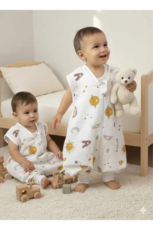 Yazlık Müslin Uyku Tulumu, 0.5 Tog Tek Katlı Çocuk Uyku Tulumu,gökkuşağı Desenli Bebek Unisex Tulum - Harfli - 2