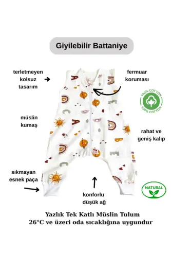 Yazlık Müslin Uyku Tulumu, 0.5 Tog Tek Katlı Çocuk Uyku Tulumu,gökkuşağı Desenli Bebek Unisex Tulum - Harfli - 5