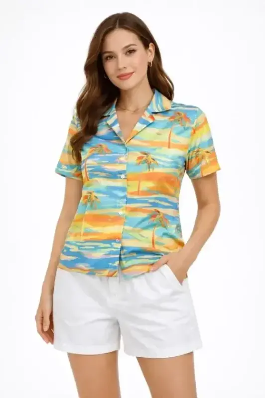 Yazlık Tropikal Desenli Gömlek Şort Takım Rahat Kalıp Tatil Kombin - Desenli - BÜYÜKBEDENIZ