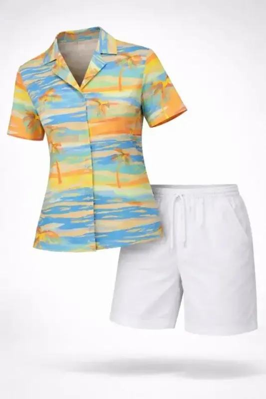 Yazlık Tropikal Desenli Gömlek Şort Takım Rahat Kalıp Tatil Kombin - Desenli - 2