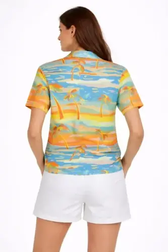 Yazlık Tropikal Desenli Gömlek Şort Takım Rahat Kalıp Tatil Kombin - Desenli - 3