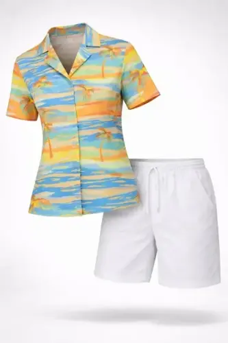 Yazlık Tropikal Desenli Gömlek Şort Takım Rahat Kalıp Tatil Kombin - Desenli - BÜYÜKBEDENIZ (1)