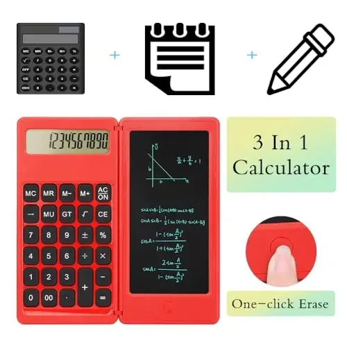 Desk Calculator, Desktop Small Calculators with Writing Notepad, Basic 4-Function Math Large Button Calculator, School Supplies for Kids, Middle/High School Students (Red) - 2