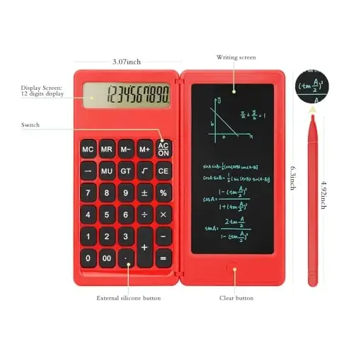 Desk Calculator, Desktop Small Calculators with Writing Notepad, Basic 4-Function Math Large Button Calculator, School Supplies for Kids, Middle/High School Students (Red) - 3