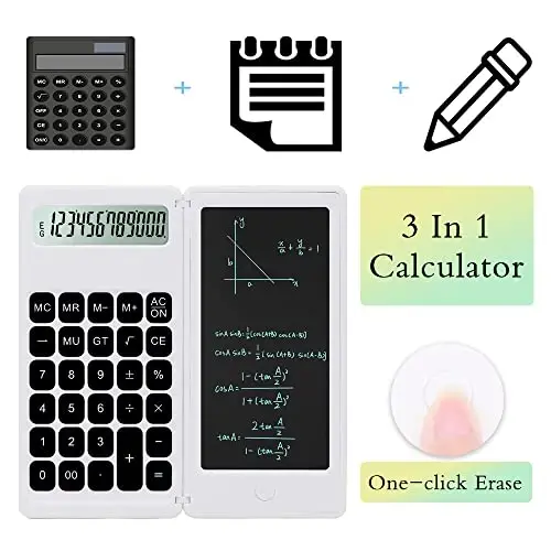 Desk Calculator, Desktop Small Calculators with Writing Notepad, Basic 4-Function Math Large Button Calculator, School Supplies for Kids, Middle/High School Students (White) - 2