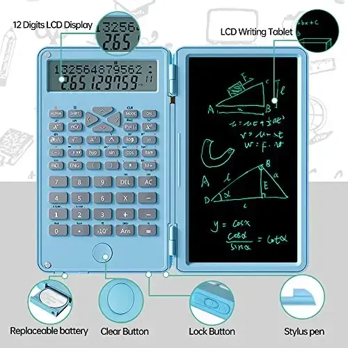 Scientific Calculator with Writing Tablet,Professional Foldable Calculator Pocket Standard Calculator with Erasable LCD Writing Pad for Office Home Business(Blue) - 2