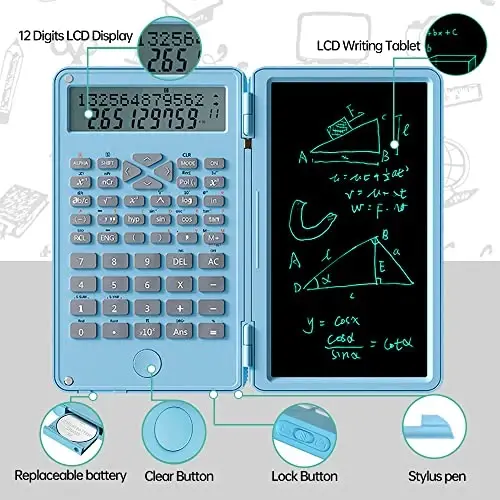 Yazma Tabletli Bilimsel Hesap Makinesi, Taşınabilir Katlanabilir Hesap Makinesi Not Defteri 2'si 1 Arada LCD Bilim Hesap Makinesi Not Defteri Ofis Ev Okul Koleji için Profesyonel Finansal Hesap Makinesi (Siyah) - JSJGETYI (1)