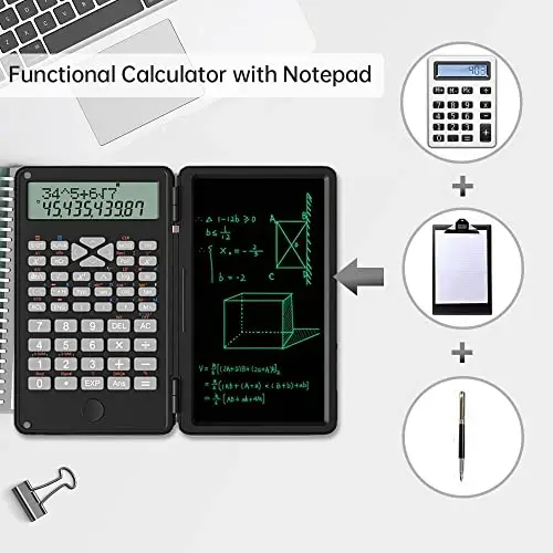 Scientific Calculator with Writing Tablet, Protable Foldable Calculator Notepad 2 in 1 LCD Science Calculator Notepad Professional Financial Calculator for Office Home School Colleage(Black) - 5
